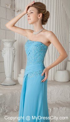 Aqua Blue Strapless Brush Train Chiffon Beaded Prom Dress