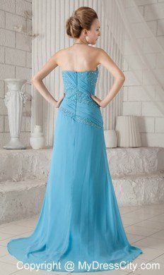 Aqua Blue Strapless Brush Train Chiffon Beaded Prom Dress