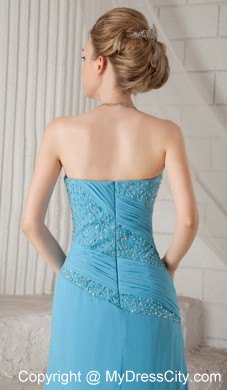 Aqua Blue Strapless Brush Train Chiffon Beaded Prom Dress