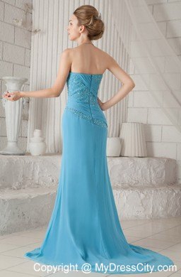 Aqua Blue Strapless Brush Train Chiffon Beaded Prom Dress