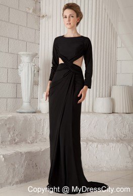 Black Column Scoop Brush Train Backless Long Sleeves Prom Dress