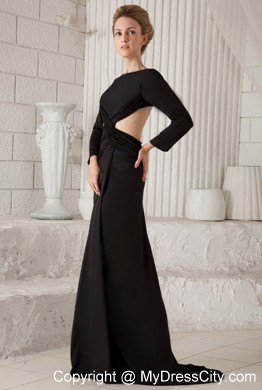 Black Column Scoop Brush Train Backless Long Sleeves Prom Dress