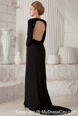 Black Column Scoop Brush Train Backless Long Sleeves Prom Dress