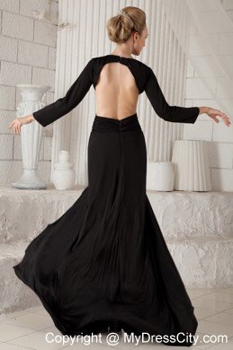 Black Column Scoop Brush Train Backless Long Sleeves Prom Dress