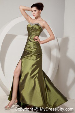 Gorgeous Olive Green Prom Dress with Beading and Ruching