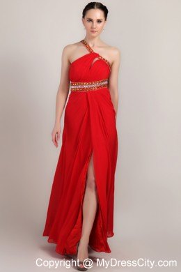 Empire Red One Shoulder Prom Maxi Dress with Beading