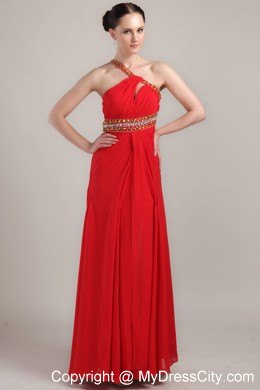 Empire Red One Shoulder Prom Maxi Dress with Beading