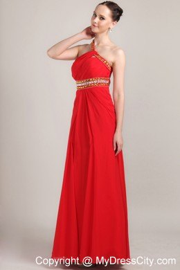 Empire Red One Shoulder Prom Maxi Dress with Beading