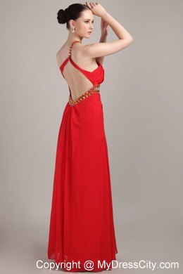 Empire Red One Shoulder Prom Maxi Dress with Beading