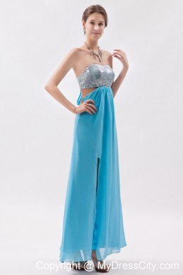 Strapless Sequined Aqua Prom Evening Dress with Cutout