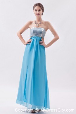 Strapless Sequined Aqua Prom Evening Dress with Cutout