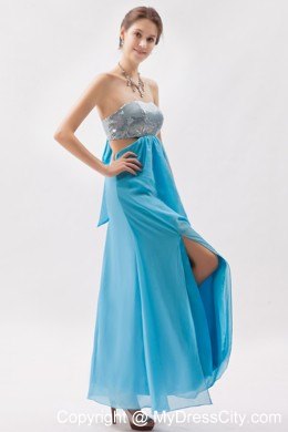 Strapless Sequined Aqua Prom Evening Dress with Cutout