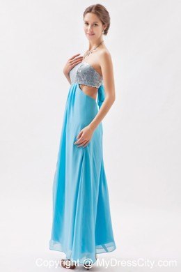 Strapless Sequined Aqua Prom Evening Dress with Cutout