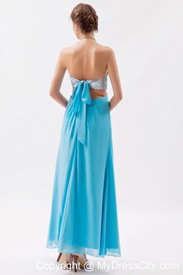 Strapless Sequined Aqua Prom Evening Dress with Cutout