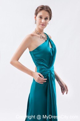 One Shoulder Teal Slit Ruched Prom Formal Dress