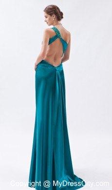 One Shoulder Teal Slit Ruched Prom Formal Dress