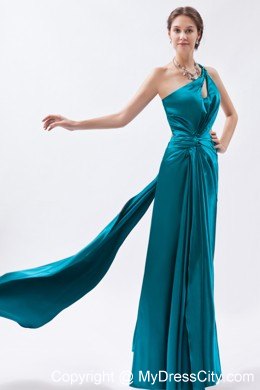 One Shoulder Teal Slit Ruched Prom Formal Dress