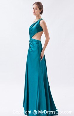 One Shoulder Teal Slit Ruched Prom Formal Dress