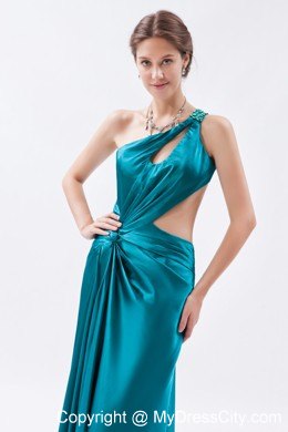 One Shoulder Teal Slit Ruched Prom Formal Dress