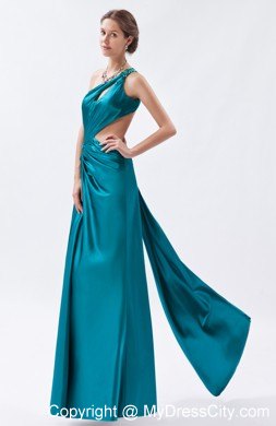 One Shoulder Teal Slit Ruched Prom Formal Dress