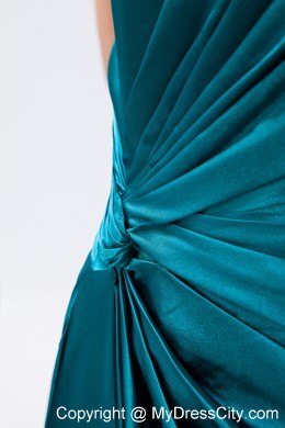 One Shoulder Teal Slit Ruched Prom Formal Dress