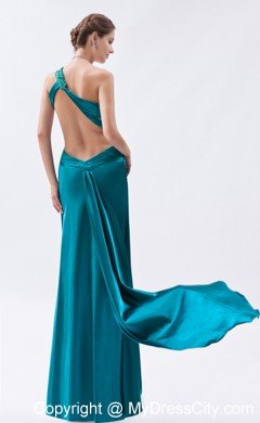 One Shoulder Teal Slit Ruched Prom Formal Dress