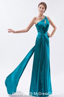 One Shoulder Teal Slit Ruched Prom Formal Dress