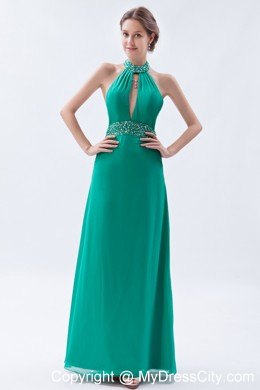 Turquoise High-neck Beaded Backless Prom Party Dress