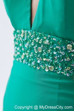 Turquoise High-neck Beaded Backless Prom Party Dress