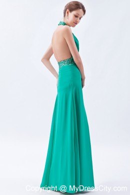 Turquoise High-neck Beaded Backless Prom Party Dress