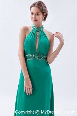 Turquoise High-neck Beaded Backless Prom Party Dress