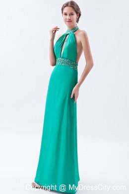 Turquoise High-neck Beaded Backless Prom Party Dress