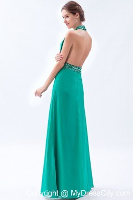 Turquoise High-neck Beaded Backless Prom Party Dress