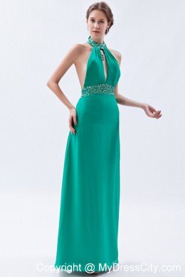 Turquoise High-neck Beaded Backless Prom Party Dress