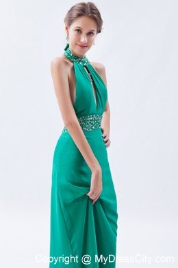 Turquoise High-neck Beaded Backless Prom Party Dress