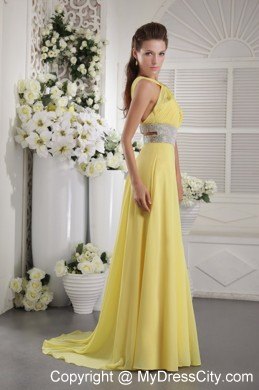 Slinky Yellow Chiffon Beading and Ruches Halter Prom Dress