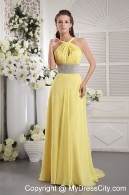 Slinky Yellow Chiffon Beading and Ruches Halter Prom Dress