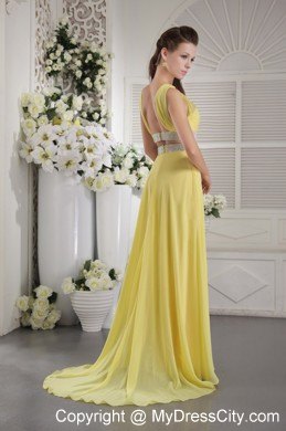 Slinky Yellow Chiffon Beading and Ruches Halter Prom Dress