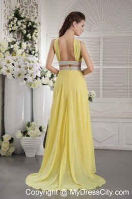 Slinky Yellow Chiffon Beading and Ruches Halter Prom Dress