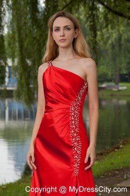 Red One Shoulder Taffeta Prom Evening Dress Beaded