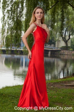 Red One Shoulder Taffeta Prom Evening Dress Beaded