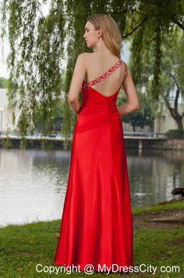 Red One Shoulder Taffeta Prom Evening Dress Beaded