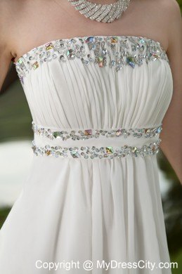 White Strapless Beading Prom Dress with Brush Train