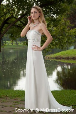 White Strapless Beading Prom Dress with Brush Train