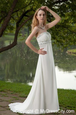 White Strapless Beading Prom Dress with Brush Train