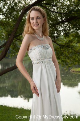 White Strapless Beading Prom Dress with Brush Train