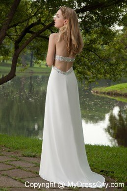 White Strapless Beading Prom Dress with Brush Train