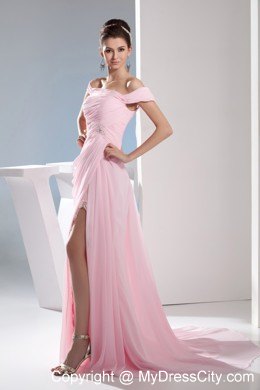 Pink Off the Shoulder Chiffon Prom Celebrity Dress with Slit