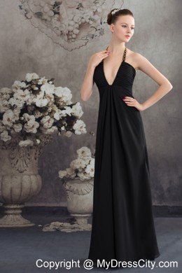 Sexy Black Halter Top Neck Long Beading Empire Prom Dress