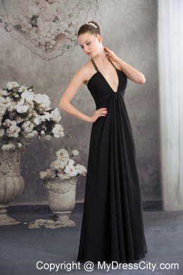 Sexy Black Halter Top Neck Long Beading Empire Prom Dress